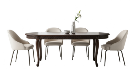 Elegant dining room setup with modern chairs and decorative table arrangement illustration