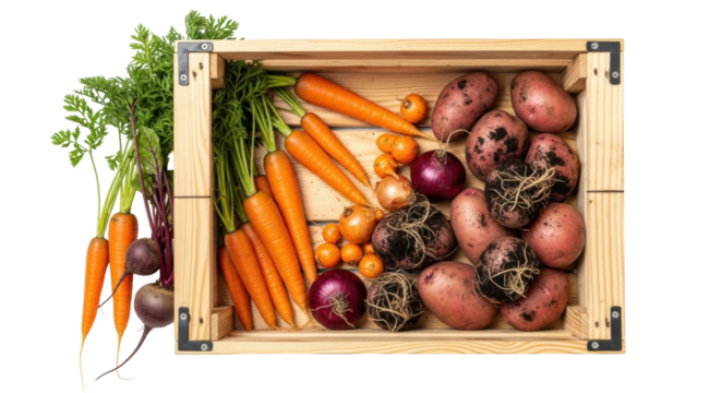 Isolated wooden crate of fresh organic raw garden vegetables like carrots, potatoes, beets