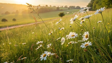 Daisies flowers field with sunlight image