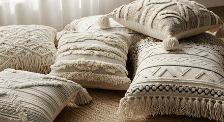 Cozy Pillow Stack with Textured Cushions for Neutral Bedroom Decor