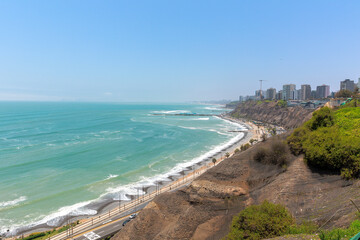 Panoramic view of La Costa Verde in Miraflores, Lima, Peru.