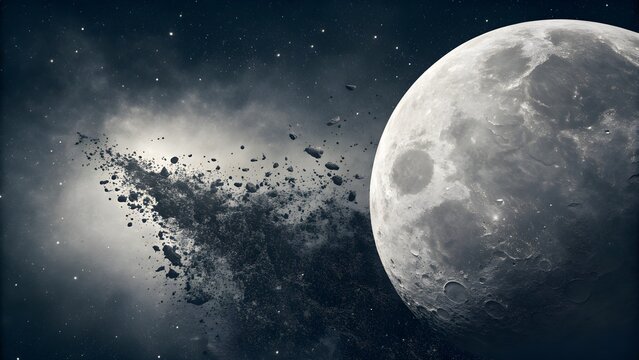 Realistic full moon surface with floating dust in space. Astronomy and science concept representing exploration and mystery.