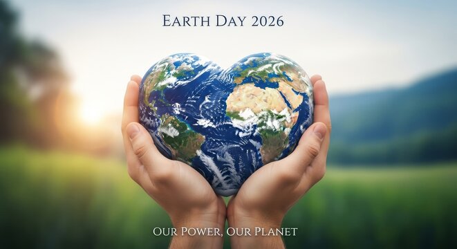 Earth Day with Heart Shaped World in Hands - Conceptual shot depicting Earth Day. The heart shaped world in hands symbolizes love, care, protection, unity, and environmental awareness