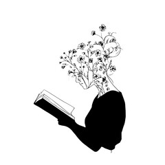 Woman reading a book with flowers growing out of her head