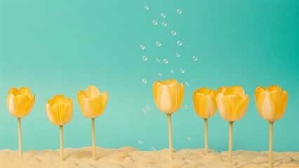 Tulip garden with petals and gradient background