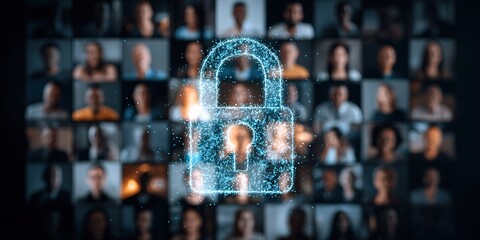 Digital security symbol overlaying diverse group of people in a virtual meeting