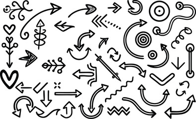 Obraz premium Doodle Arrow Set — Hand Drawn Marker Lines, Hearts, Stars, and Direction Symbols for Notes and Overlay Design hand drawn arrow, doodle arrows, vector arrows, sketch arrow, arrow set, arrow collection,
