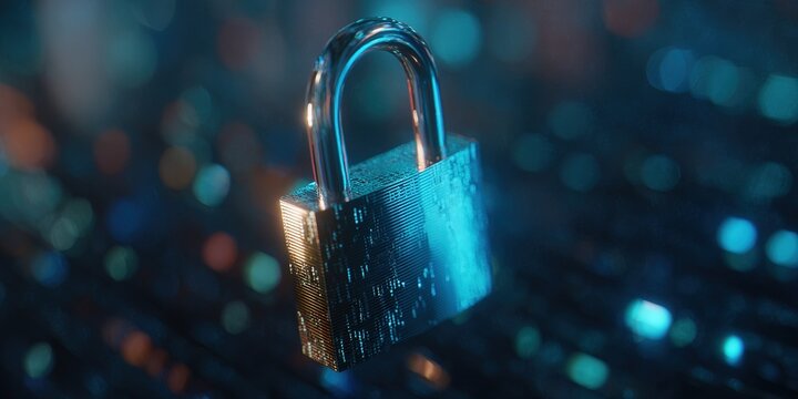 Secure digital lock with glowing details set against a vibrant tech background