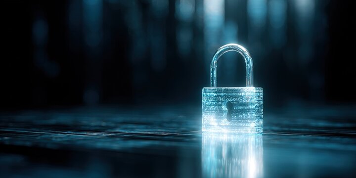 Bright digital padlock standing alone on a reflective surface in a dark cyber environment