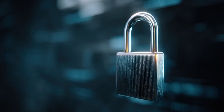 Shiny metal padlock hanging against a dark, blurred background representing security and protection