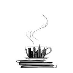 Hand drawn illustration of a cup of coffee with city