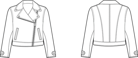 Cropped motorcycle jacket technical sketch, front and back view, asymmetrical zipper, notched lapels, zip pockets, buttoned cuffs, fashion illustration, garment construction drawing