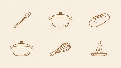 Simple hand drawn line art icons representing kitchen utensils and food items on a light background