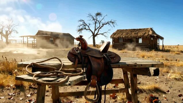 Rustic desert scene with abandoned huts and old leather saddle