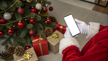 Santa Claus holding smartphone Mockup near decorated Christmas tree. Modern holiday concept combining tradition with technology.