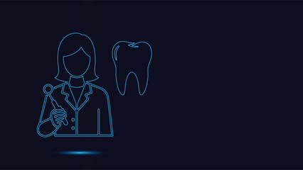 Futuristic Neon Outline Vector Illustration Of A Female Dental Professional Holding A Diagnostic Tool And A Large Molar Icon Representing Modern Oral Health Care Technology