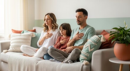 Family of three meditating together on the sofa at home. Parents and son practicing mindfulness and relaxation. Family wellness and mental health concept