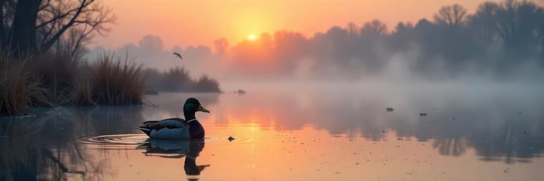 A lone duck decoy sits patiently in a foggy marsh at sunrise, awaiting the arrival of unsuspecting waterfowl The tranquil scene reflects the stillness before the hunt , water, light