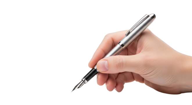 Hand holding silver fountain pen writing close up studio on transparent background