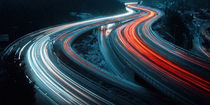 Night traffic flows through winding highway with vibrant light trails in a city setting