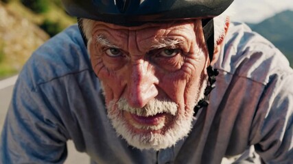 Close-up, low-angle shot of an elderly cyclist smiling, capturing the thrill of outdoor adventure. Perfect for a motivational video on active lifestyles.