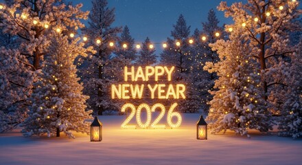 Enchanted Forest New Year Celebration - Snowy scene evokes joy, light, tradition, and renewal for a magical celebration of New Year's 2026 in a winter wonderland