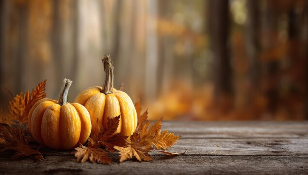 Halloween pumpkins on a wooden table with autumn leaves and a blurred background of a fall forest. halloween concept, halloween decor