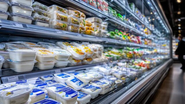 314Close-up of refrigerated shelves stocked with perishable items, soft cool lighting and condensation on packaging, clean and organized storage space