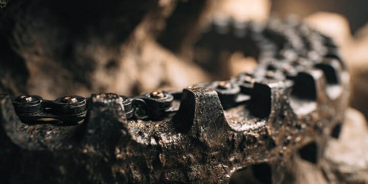 Close-up view of a worn bicycle chain on a gear set in a dimly lit workshop during late afternoon