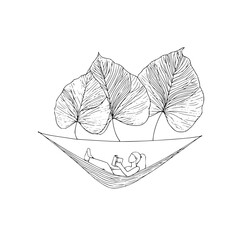 Woman in hammock reading a book under tropical leaves