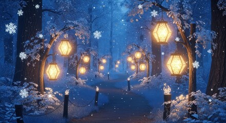 Enchanting winter scene luminous lanterns illuminate snow covered pathway