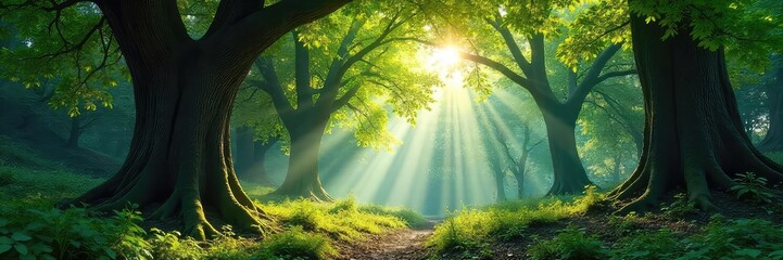 Obraz premium Ancient, majestic trees form a dense, sun-dappled canopy at the heart of a lush, vibrant forest Sunlight filters through leaves, creating ethereal patterns on the forest floor , lush, fauna