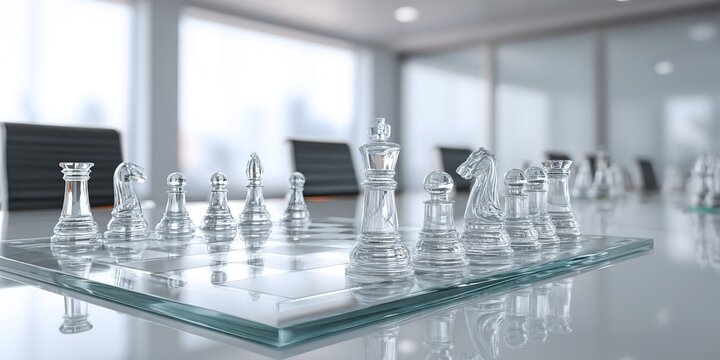 Elegant glass chess set displayed on a modern conference table in a bright office space during the day