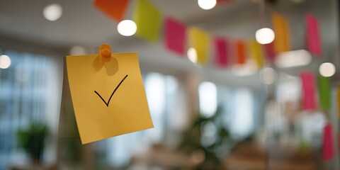 Colorful notes and checkmark on a yellow sticky note in a bright, modern office space during a brainstorming session