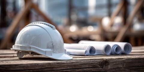 Construction site tools are laid out with a white hard hat and rolled plans resting on a wooden surface