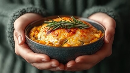 Baked dish, held in cupped hands