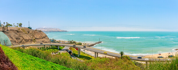 Panoramic view of La Costa Verde in Miraflores, Lima, Peru.