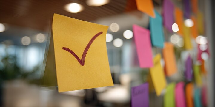 Colorful sticky notes on a glass wall showing a check mark in a modern office setting encouraging organization and productivity