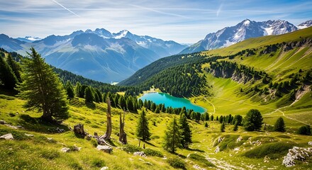 Turquoise alpine lake surrounded by mountains and trees