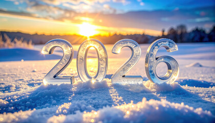 Crystal numbers 2026 stand in snow, illuminated by vibrant sunset, symbolizing hope and new beginnings for year