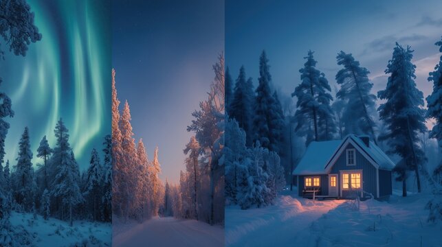 aurora borealis, wintery scene of snowy pine forest. collage 