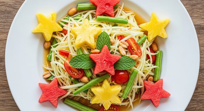 Vibrant and fresh papaya salad garnished with star shaped fruit and mint leaves presented on a white plate with wooden background