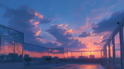 Obraz premium Colorful sunset view from a rooftop terrace overlooking a city skyline