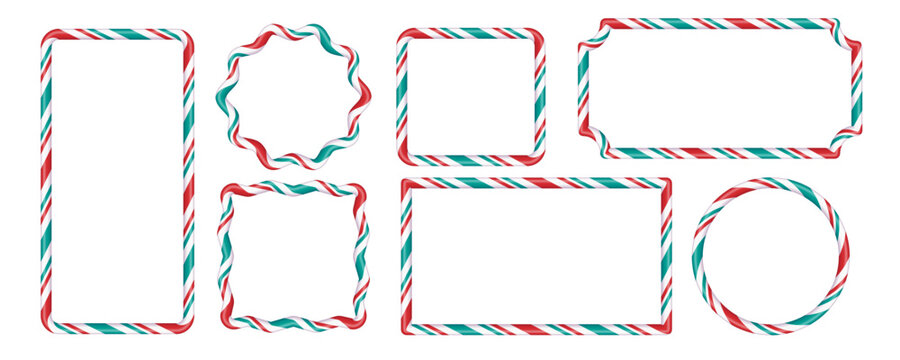 Holiday vector scallop frames with candy cane stripes. Round, square, and decorative frames for Christmas cards, packaging, digital scrapbooking, printed tags, and seasonal graphic design