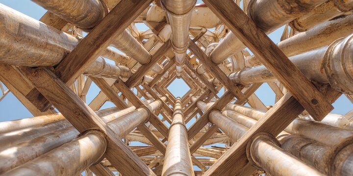 View looking up at a wooden scaffolding structure against a clear blue sky during daytime - Powered by Adobe