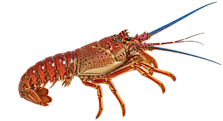 Isolated spiny lobster specimen on display, a colorful decapod crustacean with blue antennae