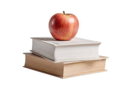 A red apple rests atop two books, one white and one tan, against a dark background