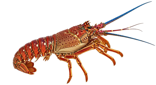 Isolated spiny lobster specimen on display, a colorful decapod crustacean with blue antennae