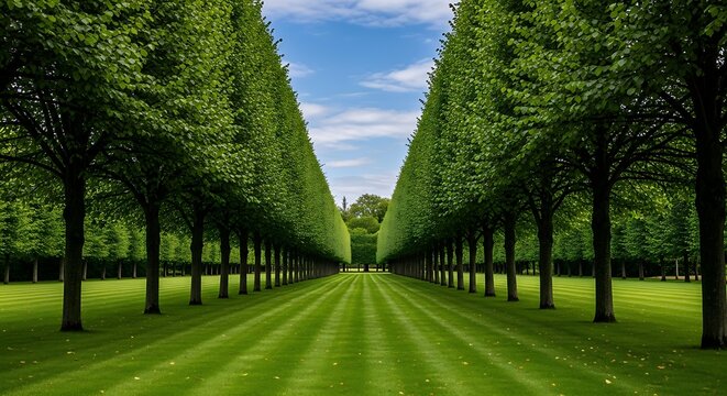 Symmetrical avenue of tall green trees and mown lawn