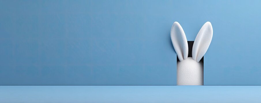 Cute Rabbit Ears Emerging from Hole in Blue Wall, Minimalist Design